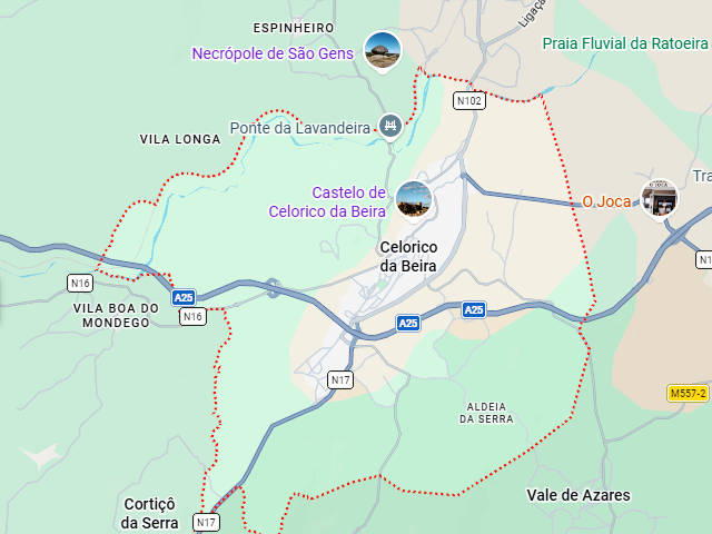 Mapa de Celorico da Beira, Distrito de Guarda, na Beira Alta, Região Centro &copy; Google Maps