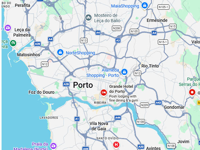 Mapa do Grande Porto, Distrito do Porto, Douro Litoral &copy; Google / Ilustração