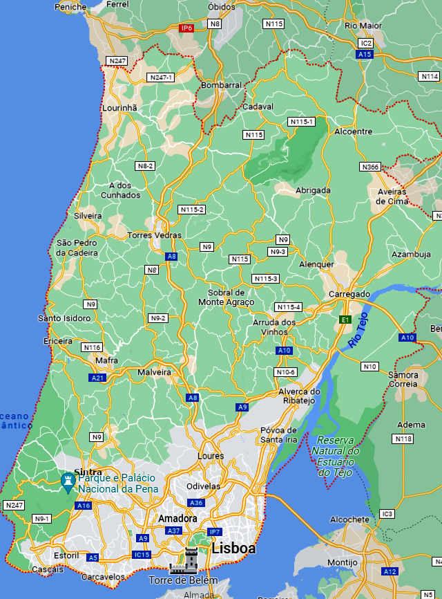 Mapa do Distrito de Lisboa, um dos 18 distritos de Portugal © Google