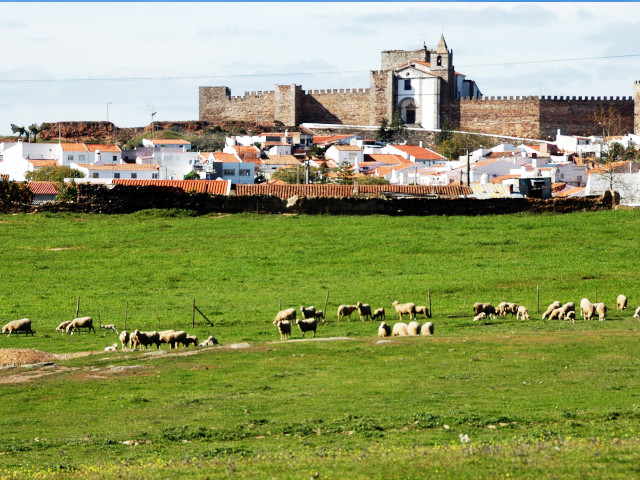 Castelo medieval e vista de Mourão (Distrito de Évora), no Alentejo Central &copy; / Wikipedia, ilustração