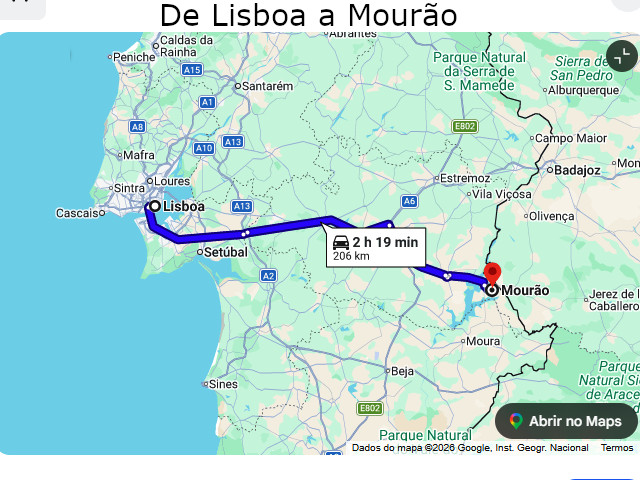 Trajeto de Lisboa a Mourão (Distrito de Évora), no Alentejo Central &copy; Google, ilustração