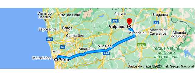 Do Porto a Valpaços (Distrito de Vila Real), em Alto Douro Trás-os-Montes &copy; Google